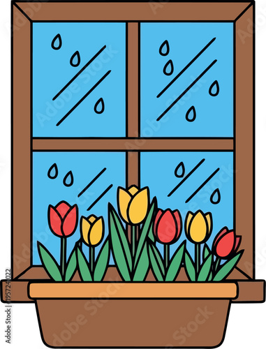 Фотография Colorful tulips in window box with raindrops on glass, spring floral illustratio