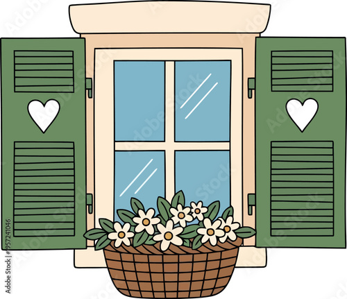 Charming vintage window with green shutters and heart cutouts, flower basket, spring home decor illustration