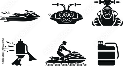 Jet ski and personal watercraft silhouette icon set vector