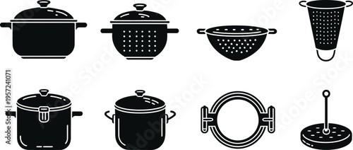 Kitchen pots pans and colander cookware silhouette icon set vector
