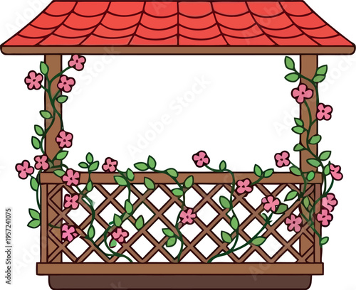 Cartoon garden gazebo with red roof and blooming pink flowers on wooden trellis illustration