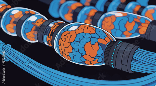 Modern design of brain shapes in colorful tubes showing neural connections and electronic features in a creative setting