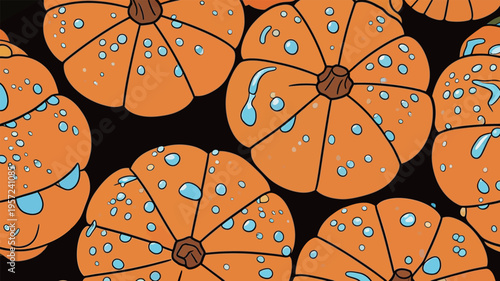 Pumpkins with water droplets on dark background during autumn season showcasing harvest vibes