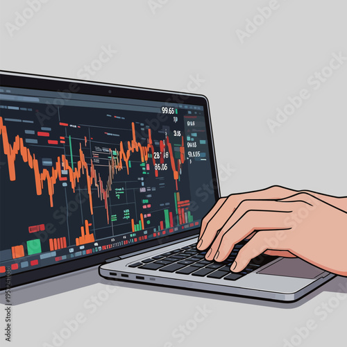 Hand typing on laptop with stock market data visible on screen at a modern workspace during morning hours