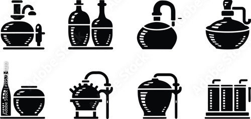 Distillery brewing winery and chemical distillation equipment icon set vector