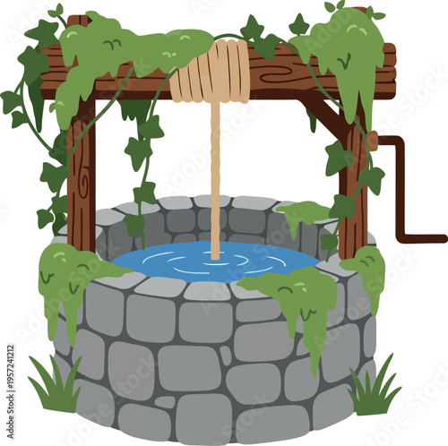 Rustic Stone Water Well with Wooden Roof and Ivy Vines Cartoon Illustration