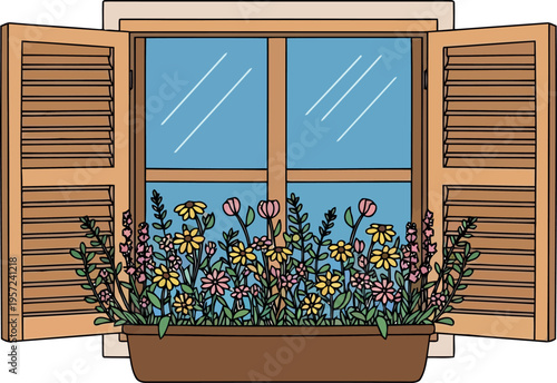 Colorful wildflowers in window box with open wooden shutters and blue sky, spring home decor illustration