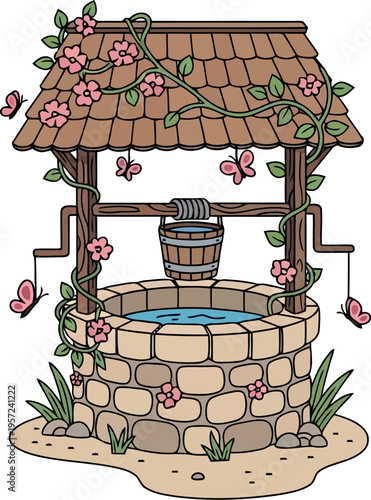 Charming hand-drawn stone wishing well with flowers, butterflies, and wooden roof for fairy tale designs