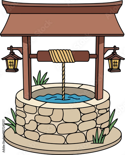 Traditional Japanese Stone Water Well with Lanterns and Wooden Roof Cartoon Illustration