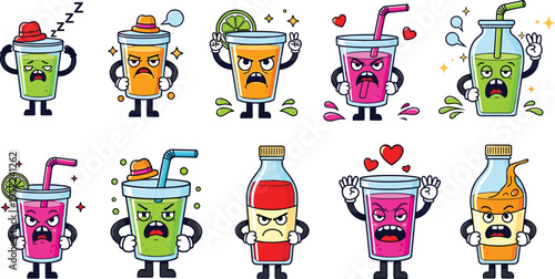 Funny Cartoon Juice Drink Characters with Angry and Love Emotions Vector Set Featuring Colorful Beverages, Bottles, Glasses, Expressions for Stickers, Kids Design, Mascots, and Branding Projects