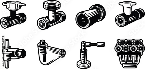 Vintage industrial mechanical parts pipe valves and engine components line art vector