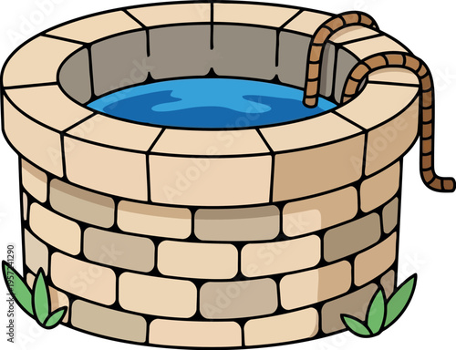 Cartoon Stone Water Well with Rope and Blue Water Isolated on White Background