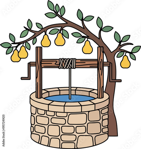 Cartoon stone water well with wooden crank and pear tree branch bearing yellow fruit