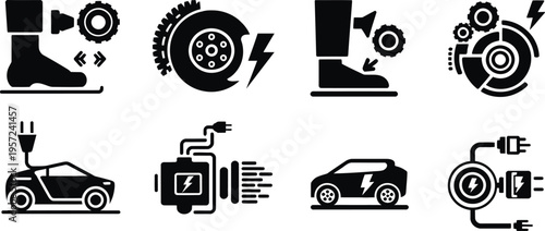 Electric car charging, regenerative braking system, kinetic energy recovery, and EV battery technology icon vector