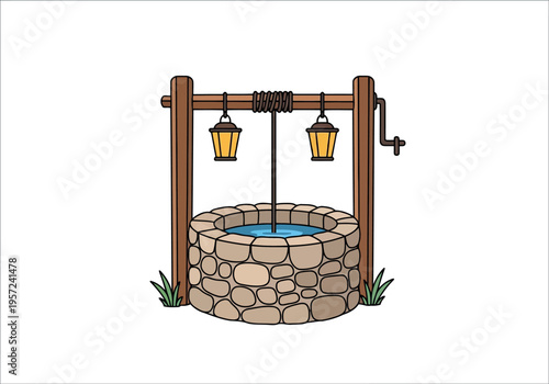 Rustic Stone Water Well with Lanterns Vector Illustration on White Background
