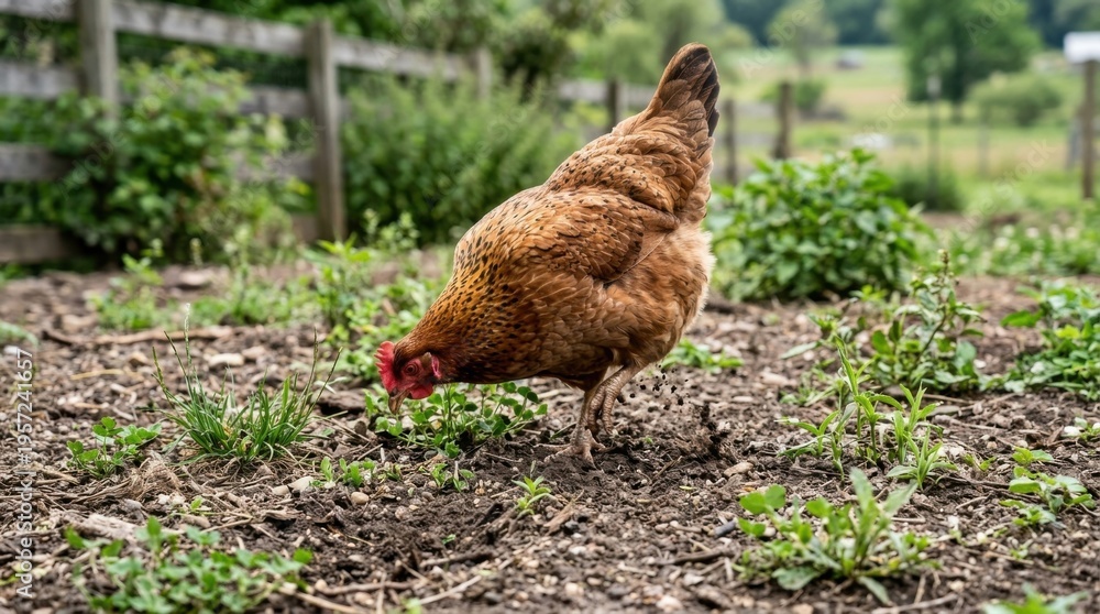 Fototapeta premium Free range brown hen pecking on the ground at a farm