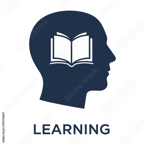 Minimalist vector design of a side-profile human head with an open book inside representing learning