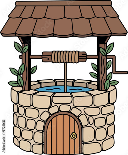 Cartoon Stone Water Well with Wooden Roof and Bucket Handle Isolated on White Background