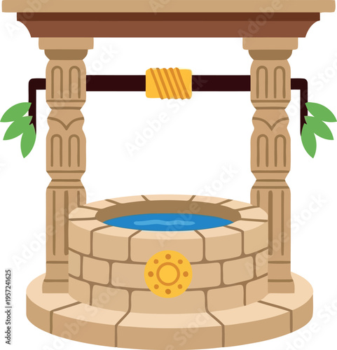 Cartoon Stone Water Well with Wooden Roof and Rope Isolated on White Background Vector Illustration
