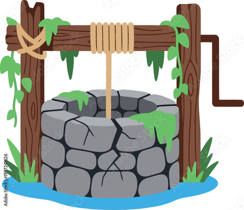 Rustic stone water well with wooden bucket and green vines, cartoon vector illustration