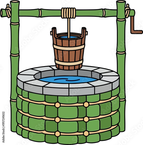 Cartoon Illustration of Traditional Water Well with Wooden Bucket and Bamboo Frame