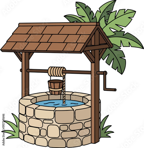 Cartoon Stone Water Well with Wooden Roof and Bucket Isolated on White Background