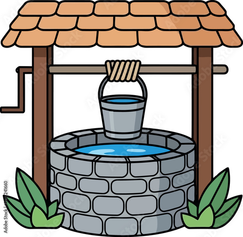 Cartoon Stone Water Well with Wooden Roof and Bucket Isolated on White Background