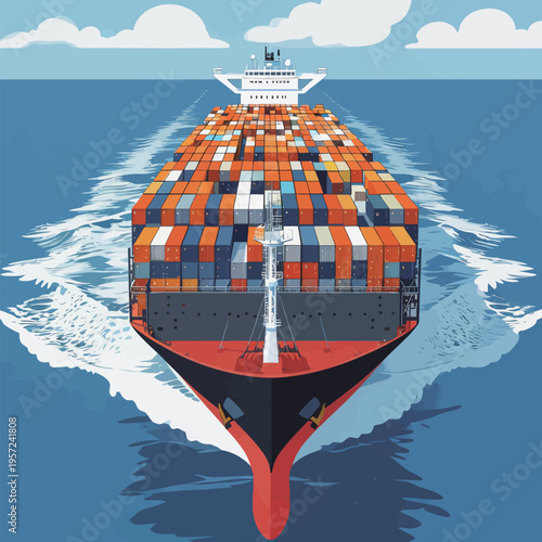 Cargo ship navigates open seas while carrying colorful containers during clear day with few clouds