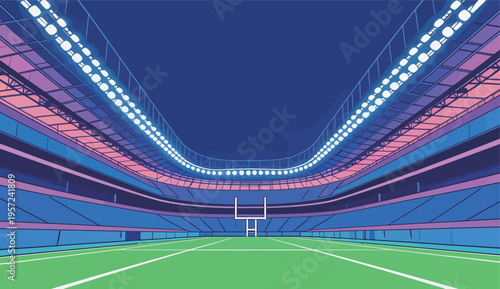 Football stadium at night with bright lights and a clear blue sky above a green field