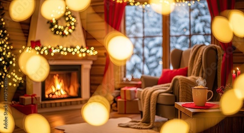 A cozy living room with a fireplace and Christmas decorations in a cabin during winter