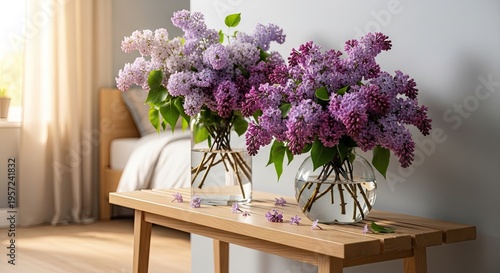 A serene and peaceful interior scene with lilacs in vases on a table