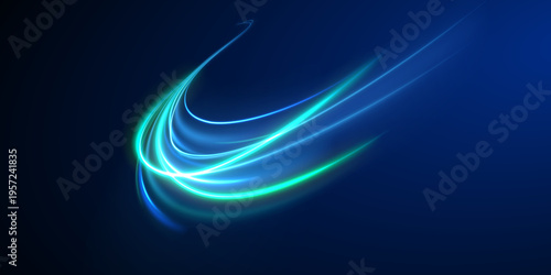 Bright green neon streaks surge in dynamic motion. Curved glow trails enhance energy effect. Suitable for cyberpunk, sci-fi, and tech overlays.
