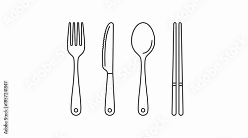 Simple line art illustration of various eating utensils including a fork, knife, spoon, and chopsticks arranged side by side.