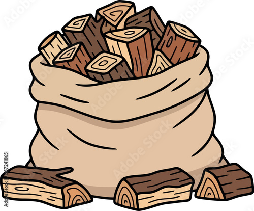 Cartoon Sack Filled with Firewood Logs Isolated on White Background for Camping and Winter Design