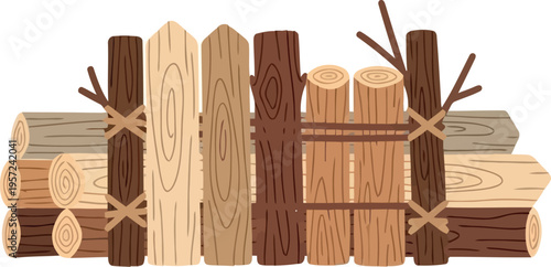 Rustic Wooden Fence and Log Pile Vector Illustration for Outdoor and Garden Design