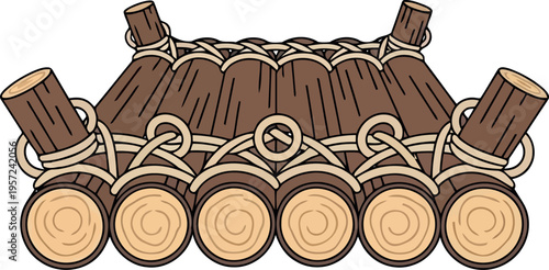 Cartoon Wooden Raft Illustration with Logs and Rope for Adventure and Survival Concepts