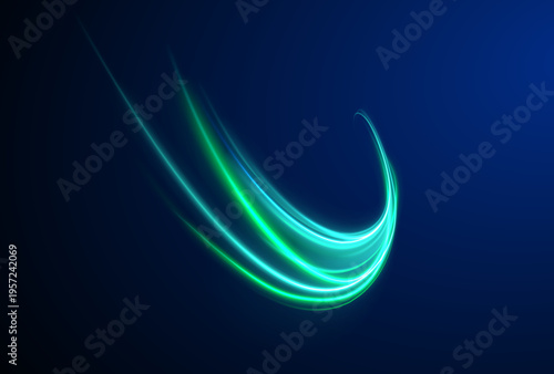 Bright neon trails swirl with glowing energy. Motion blur adds speed and flow effect. Suitable for cyberpunk, futuristic, and tech artwork.