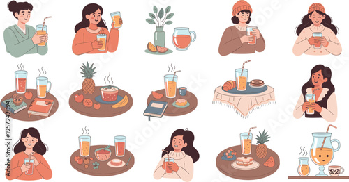 Cozy People Drinking Tea and Juice Vector Illustration Set with Relaxing Lifestyle Scenes, Women Characters, Fruits, Snacks, Home Atmosphere for Social Media, Branding, and Editorial Design
