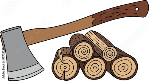 Vector illustration of axe and stacked firewood logs for lumberjack, camping, and forestry concepts