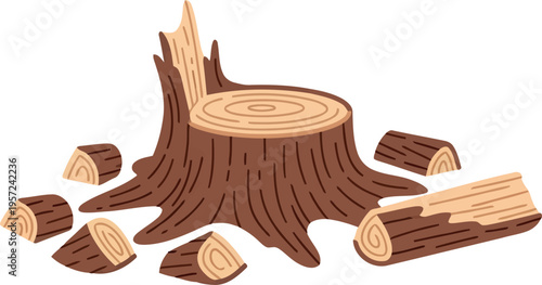 Cartoon Tree Stump with Chopped Wood Logs Isolated on White Background Vector Illustration