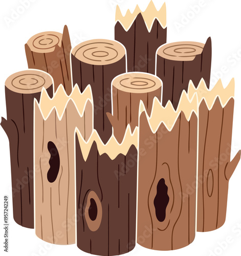 Cartoon illustration of wooden logs with bark and cut edges for firewood or lumber concepts