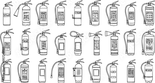 Detailed line art collection of various fire extinguishers, emergency safety equipment, icons, and illustrations.