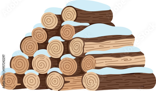 Stack of Firewood Logs with Snow in Winter Season Vector Illustration