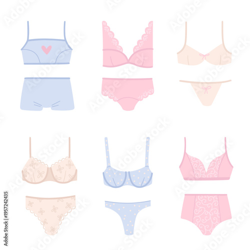Women's underwear set. Lingerie sets vector illustrations in flat style. Cute pastel colors bras and panties isolated on white background.