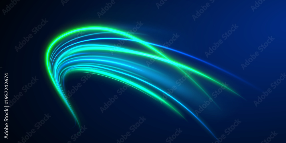 Naklejka premium Neon lines stretch and twist in motion. Glowing curves create dynamic patterns. Energy flow enhances futuristic design.