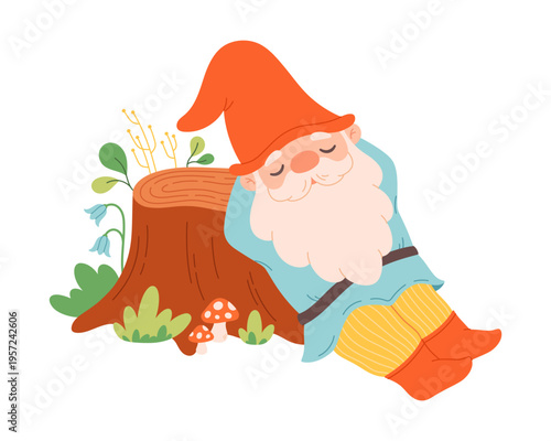 Fotografie Cute hand drawn garden gnome sleeping near stump