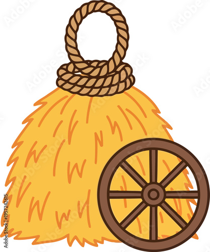 Cartoon haystack with rope and wooden wagon wheel isolated on white background vector illustration