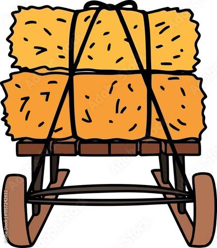 Cartoon hay bales stacked on wooden cart for autumn harvest and farm agriculture concepts
