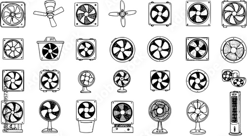 Hand-drawn Fan Icon Set: Diverse collection of doodle sketches featuring ceiling, desktop, box, industrial, and tower fans in outline style.