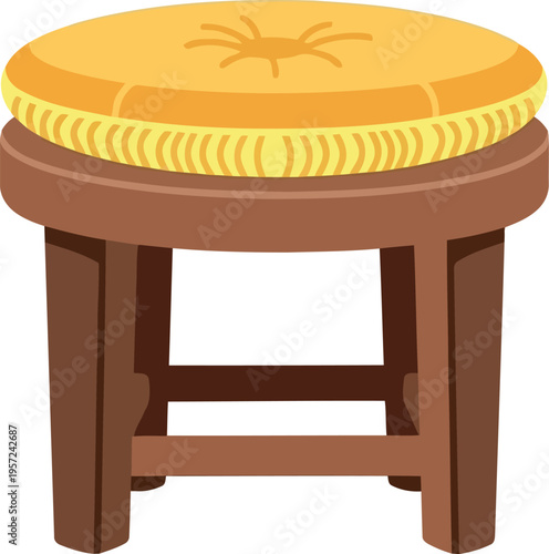 Wooden round stool with cushioned yellow seat isolated on white background vector illustration